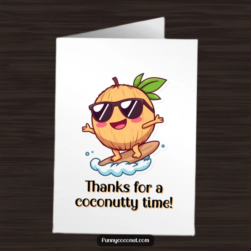 Funny Free Printable Thank You Card: A happy coconut with sunglasses surfs a tiny wave, saying thanks.