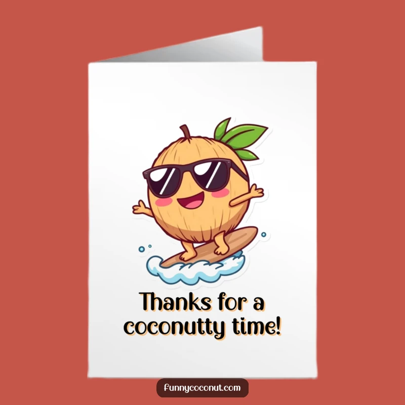 Free Printable Thank You Card: Surfing Coconut, Funny Downloadable Gift for Sunny Thanks