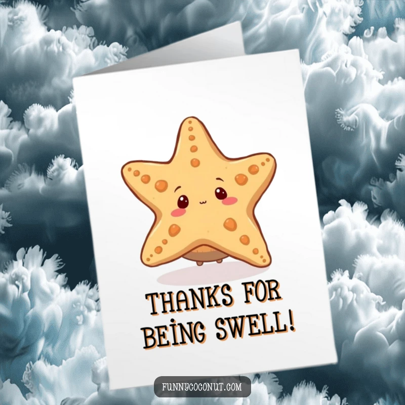 Funny Free Printable Thank You Card: Coconut peeking from behind a giant starfish, a fun thank you.
