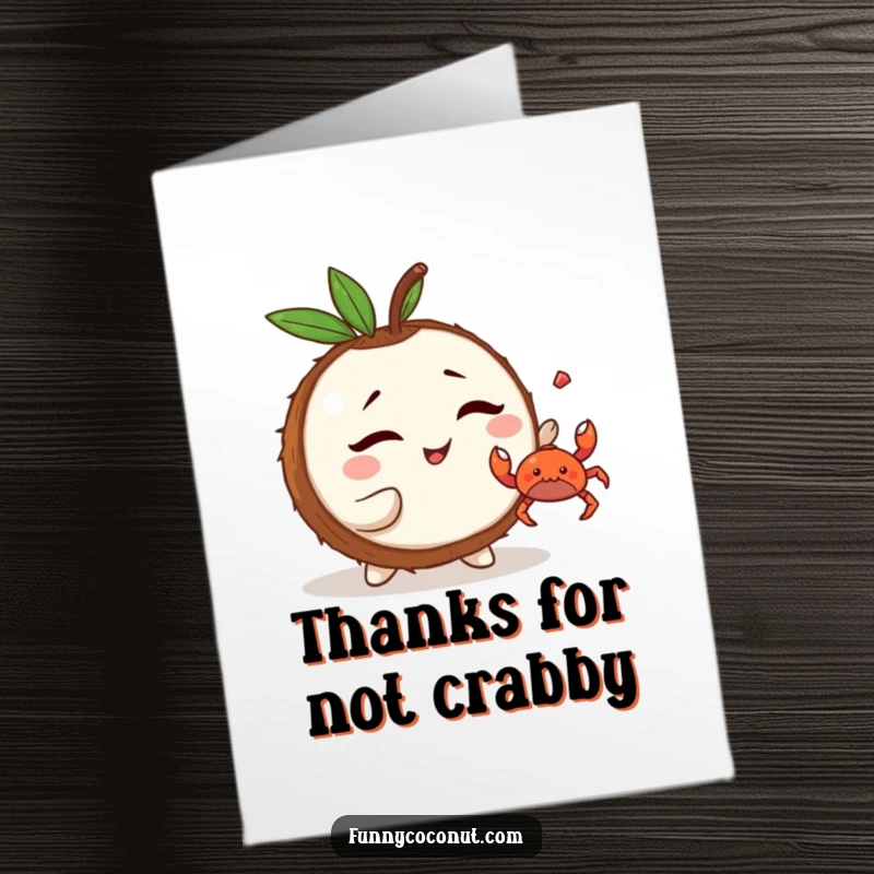 Funny Free Printable Thank You Card: Mischievous kawaii coconut winking and tossing a little crab in a playful thank you.