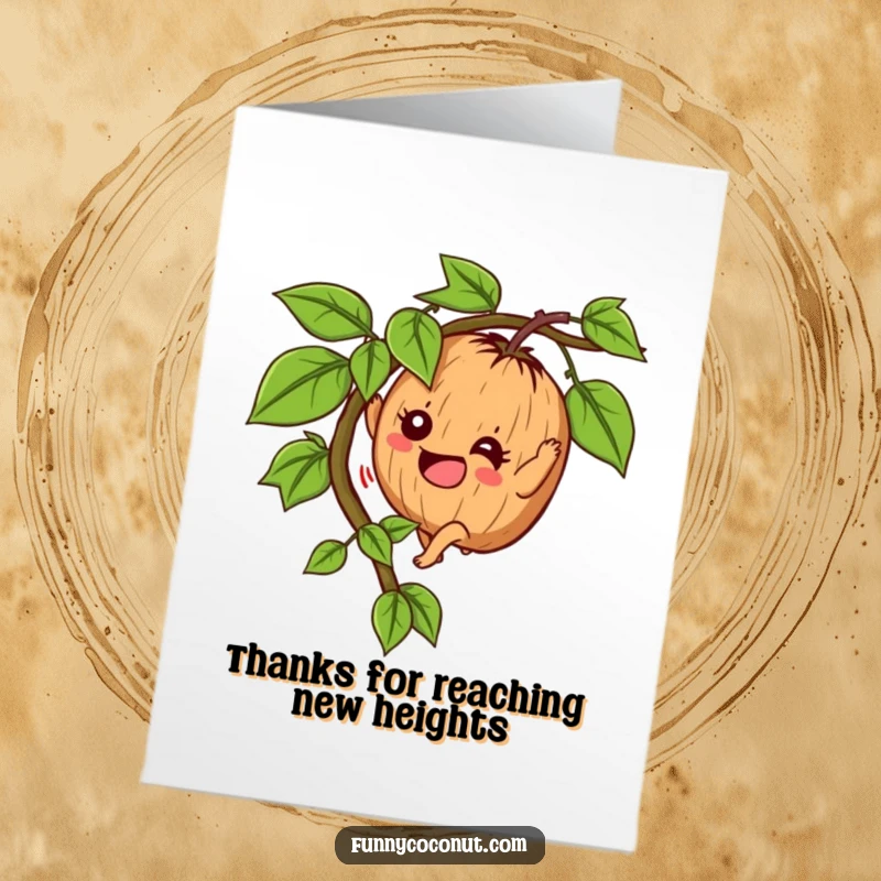 Funny Free Printable Thank You Card: Determined coconut character climbing a vine, a motivational downloadable thank you.