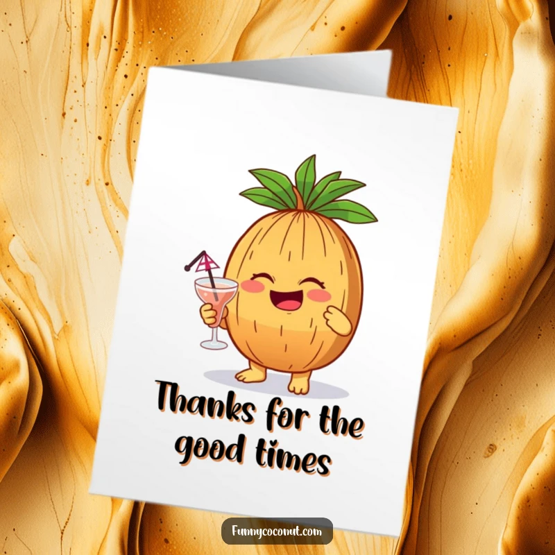 Funny Free Printable Thank You Card: A coconut giggles holding a miniature cocktail with an umbrella, a humorous, downloadable, print-at-home thank you message.