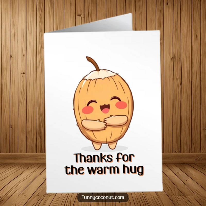 Funny Free Printable Thank You Card with a cheerful coconut offering a warm hug, a sweet downloadable gesture.