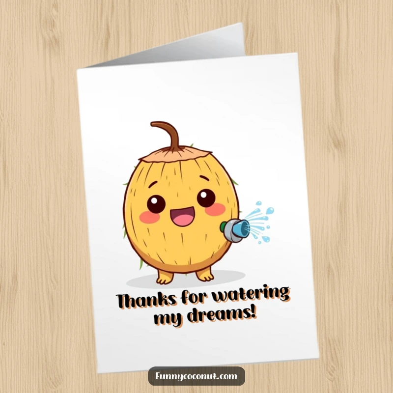 Funny Free Printable Thank You Card: A cheerful coconut character happily sprays water from a tiny hose, thanking you warmly.