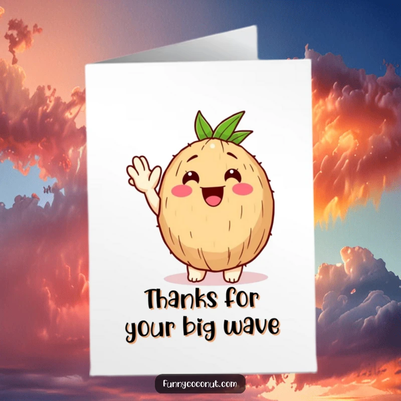 Funny Free Printable Thank You Card: Happy coconut character waving a big hello, a cheerful downloadable thank you note.