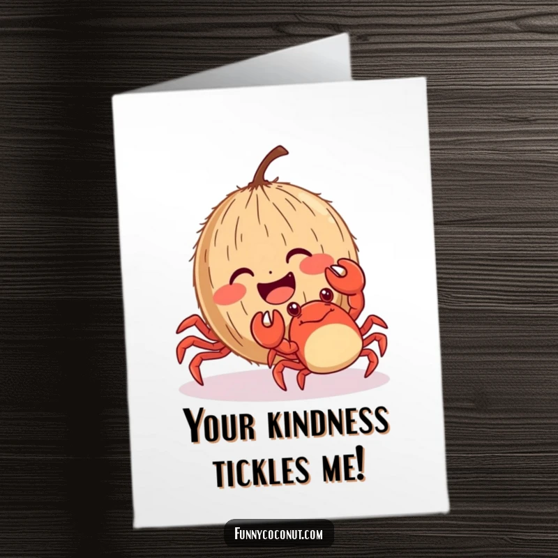 Funny Free Printable Thank You Card: A coconut with rosy cheeks giggles uncontrollably while a crab tickles it.