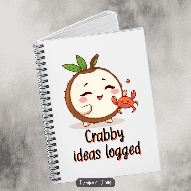 Funny Kawaii Coconut Notebook: a mischievous character winking and tossing a tiny crab, perfect for jotting down playful ideas.