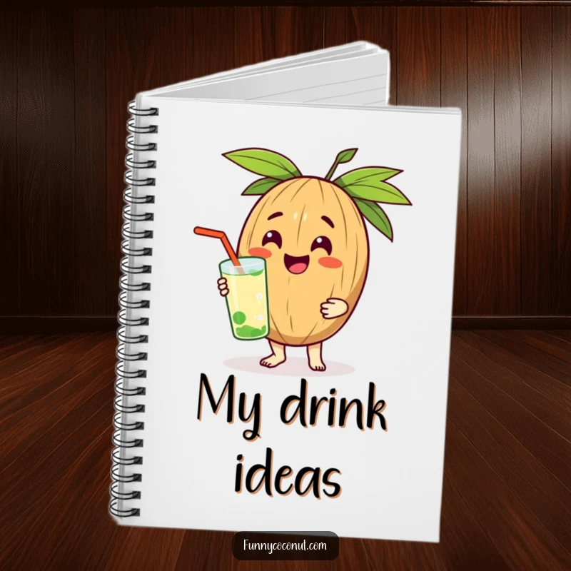 Funny notebook with a smiling coconut character offering a refreshing beverage, ideal for notes and planning.