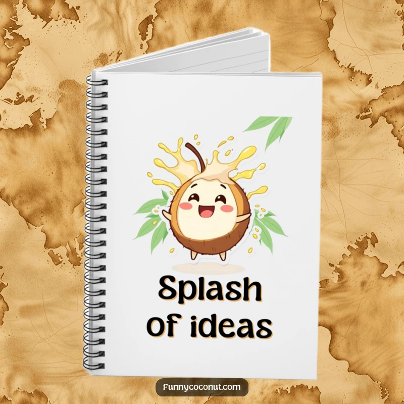 Funny Coconut Notebook: A cover illustrating a happy coconut character bursting with refreshing juice.