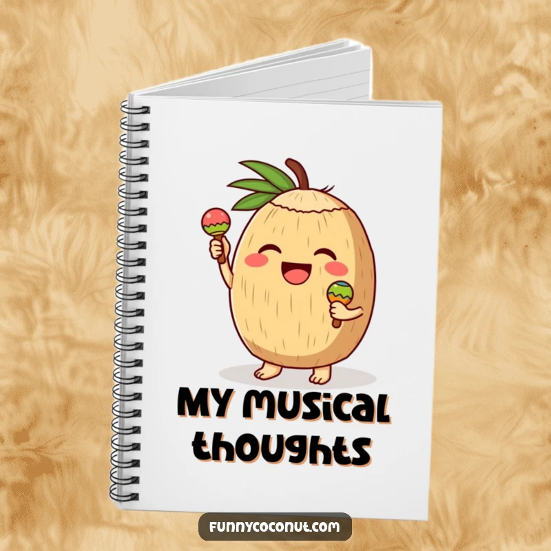 Funny notebook cover featuring a coconut character joyfully playing tiny maracas, inspiring enthusiastic note-taking and creative brainstorming.