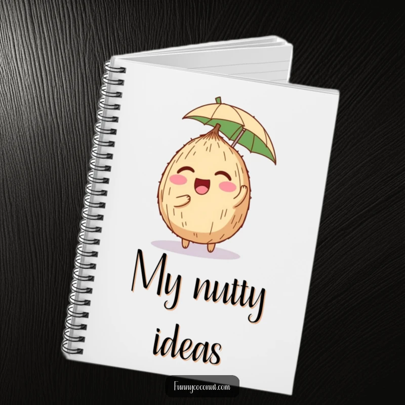 Funny notebook cover with a giggling coconut character balancing a miniature umbrella on its head, inspiring cheerful note-taking and journaling.