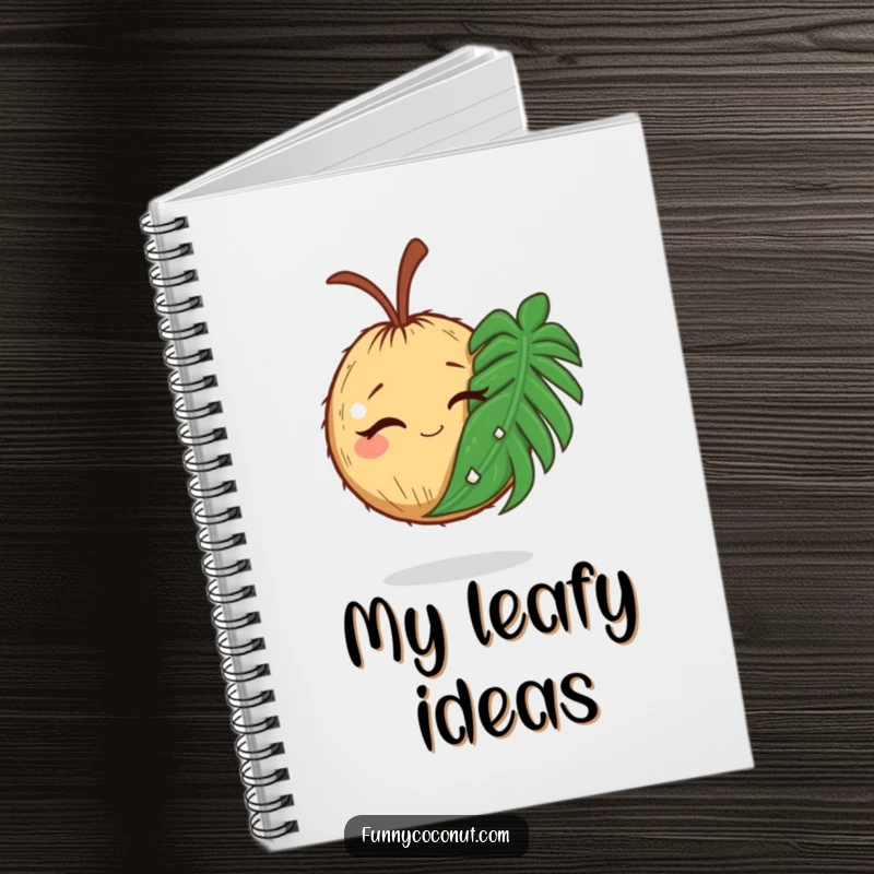 Funny notebook with a winking coconut holding a comically large palm leaf, ideal for notes.