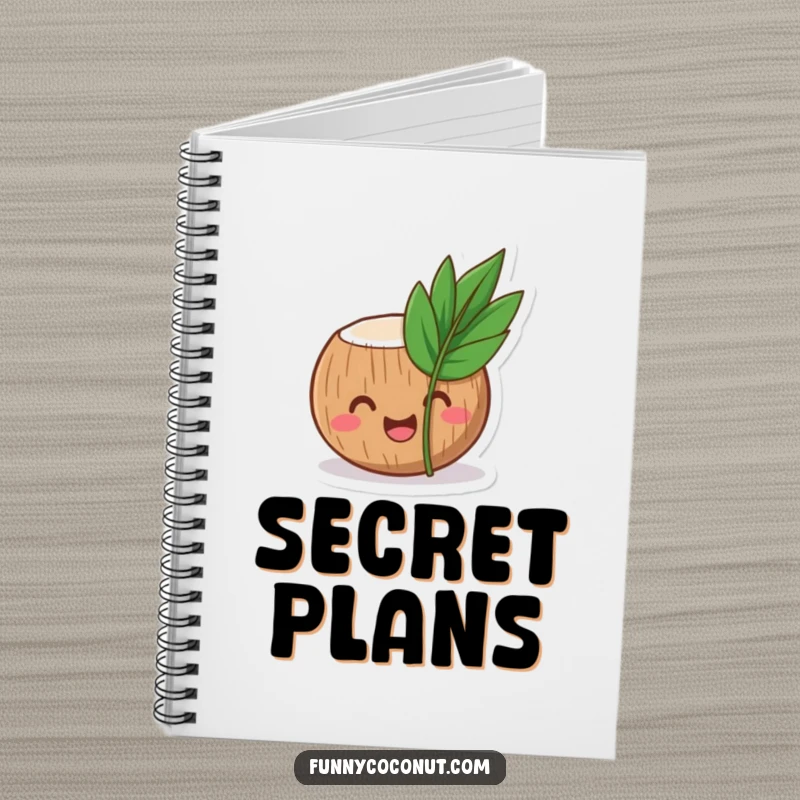 Funny coconut notebook with a laughing coconut character peeking from behind a small, tropical leaf, with a happy grin.
