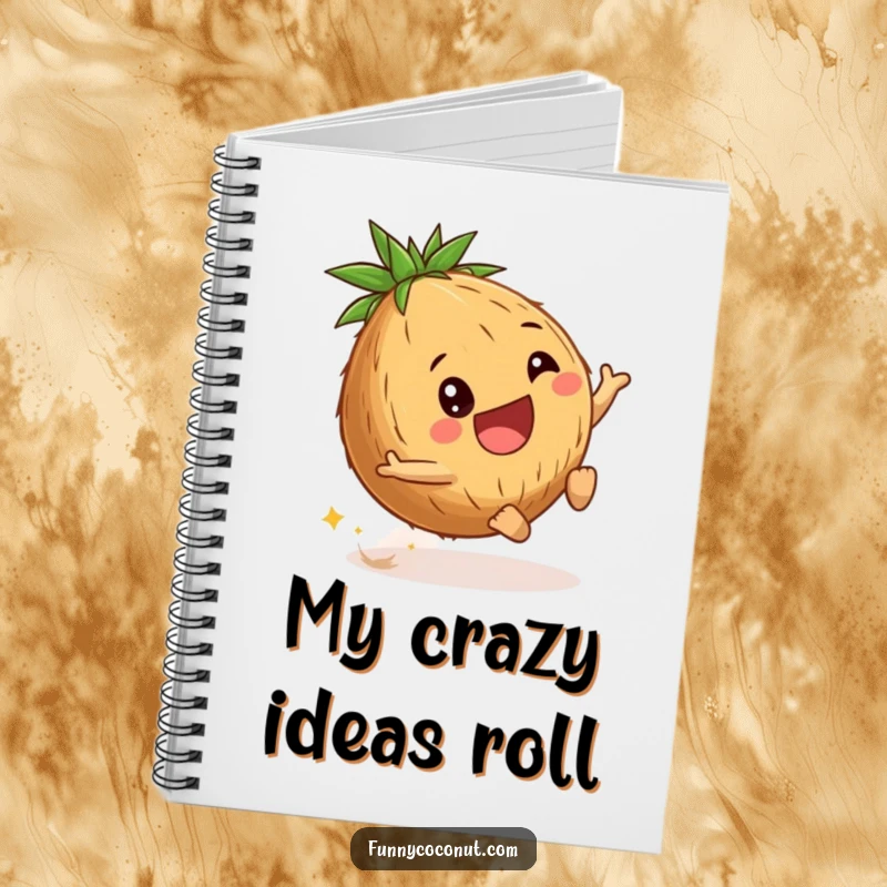 Funny coconut notebook with a delighted young coconut rolling downhill, perfect for jotting down notes with a fun, adventurous, and carefree theme.