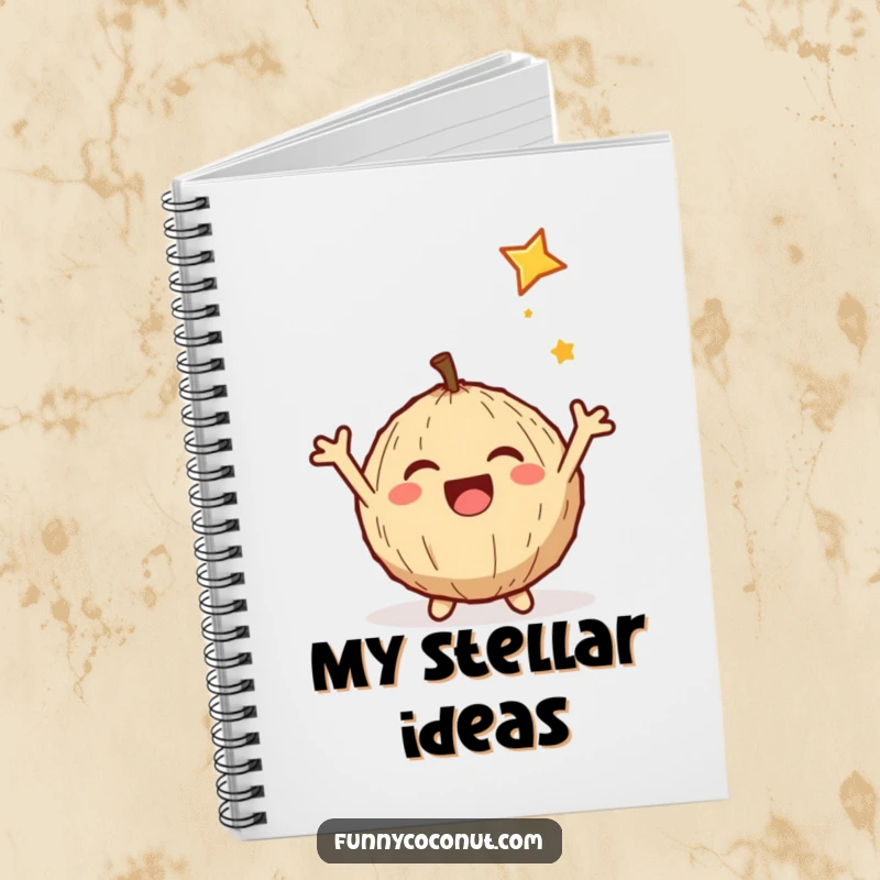 Funny notebook cover with a delighted coconut catching a shooting star, arms outstretched, inspiring creative writing.