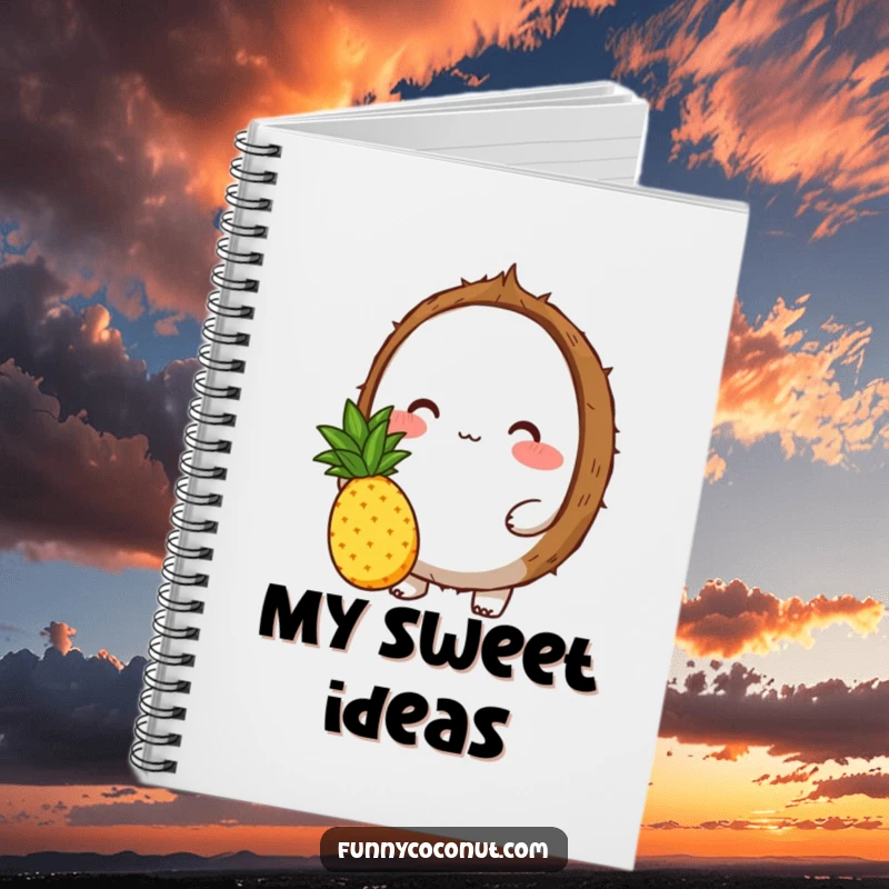 Funny notebook cover featuring a blushing coconut character offering a pineapple, perfect for capturing sweet thoughts with a tropical flair.