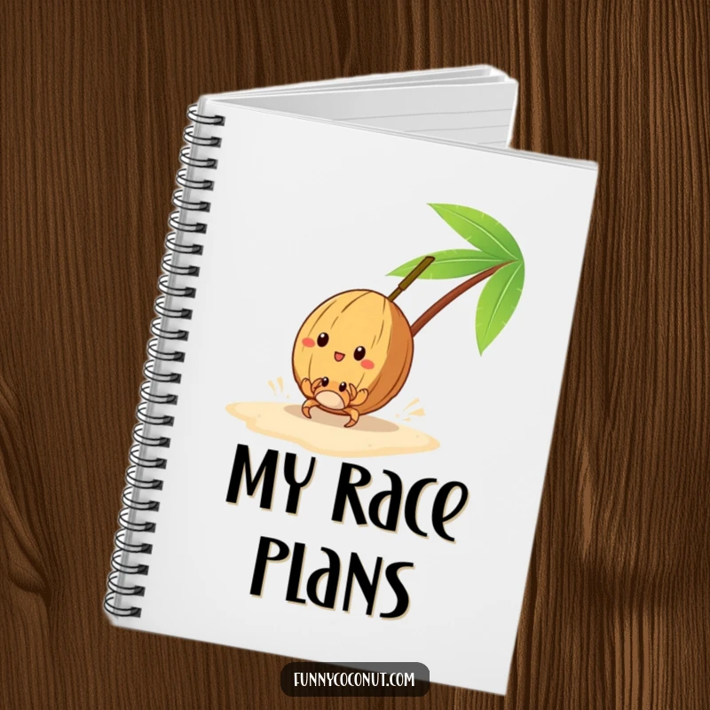 Funny notebook with a coconut racing a tiny crab on the sand, ideal for notes and plans.