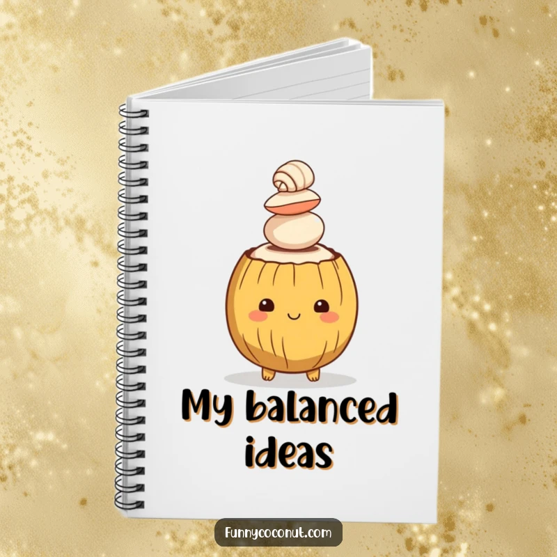 Funny notebook cover featuring a coconut character balancing seashells, perfect for capturing thoughts with a tropical flair.