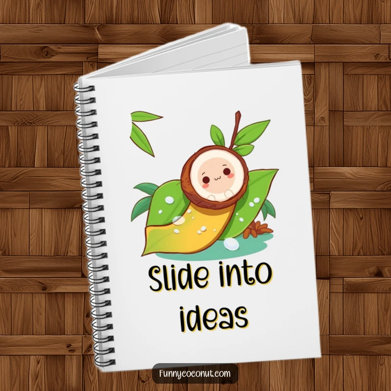 Funny notebook cover with a coconut sliding down a dewy leaf like a slide, perfect for your adventurous notes.