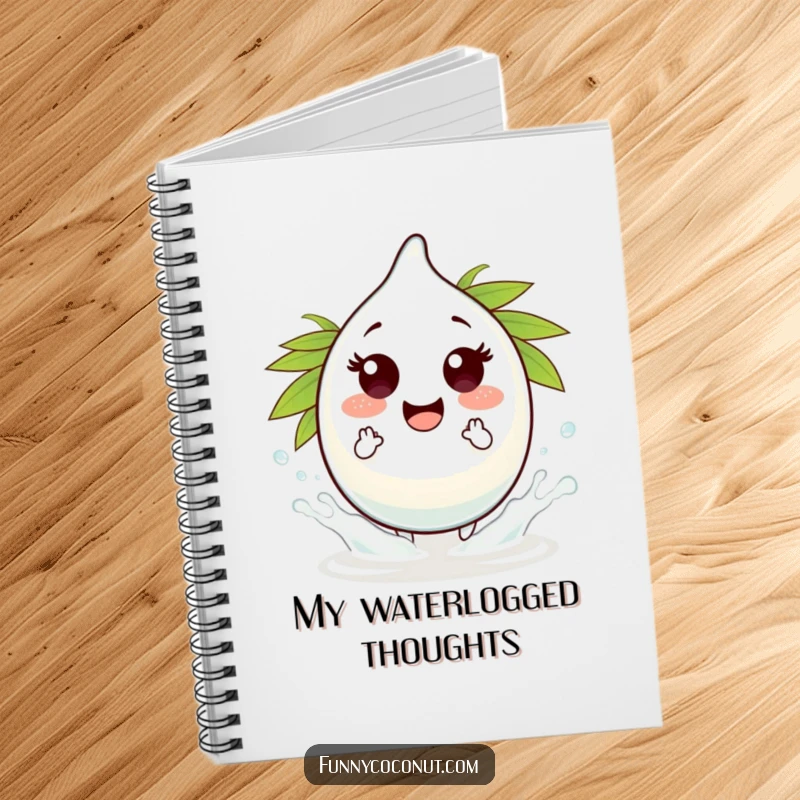Funny coconut water droplet character notebook, making tiny splashes, ideal for notes, sketches, and capturing bright ideas.