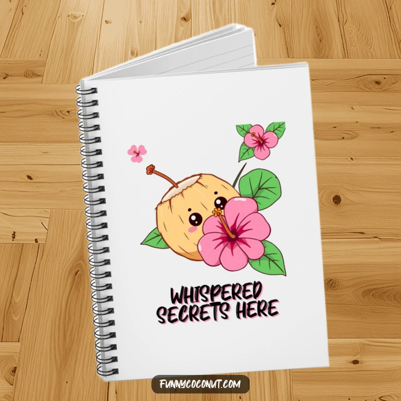 Funny Curious Coconut Notebook: A curious coconut character peeks from behind a hibiscus flower, inspiring whimsical notes.