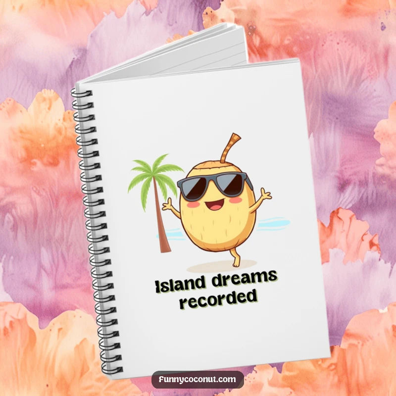 Funny coconut with sunglasses and a straw, dancing on a beach, a cheerful notebook for jotting down ideas and funny thoughts.