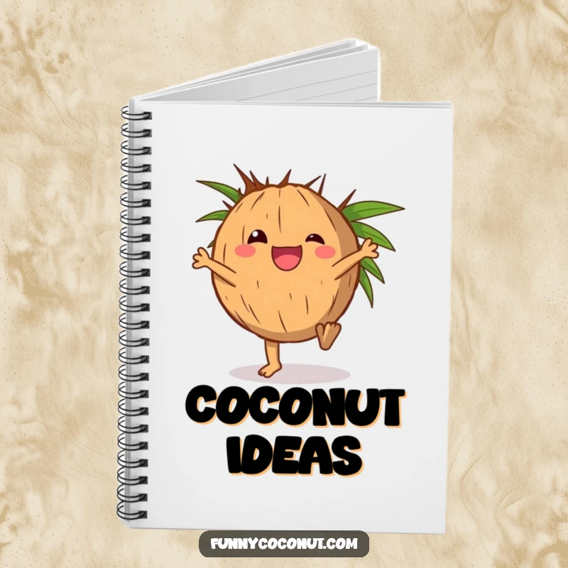 Funny notebook with a delighted coconut character doing a cartwheel with its husk.