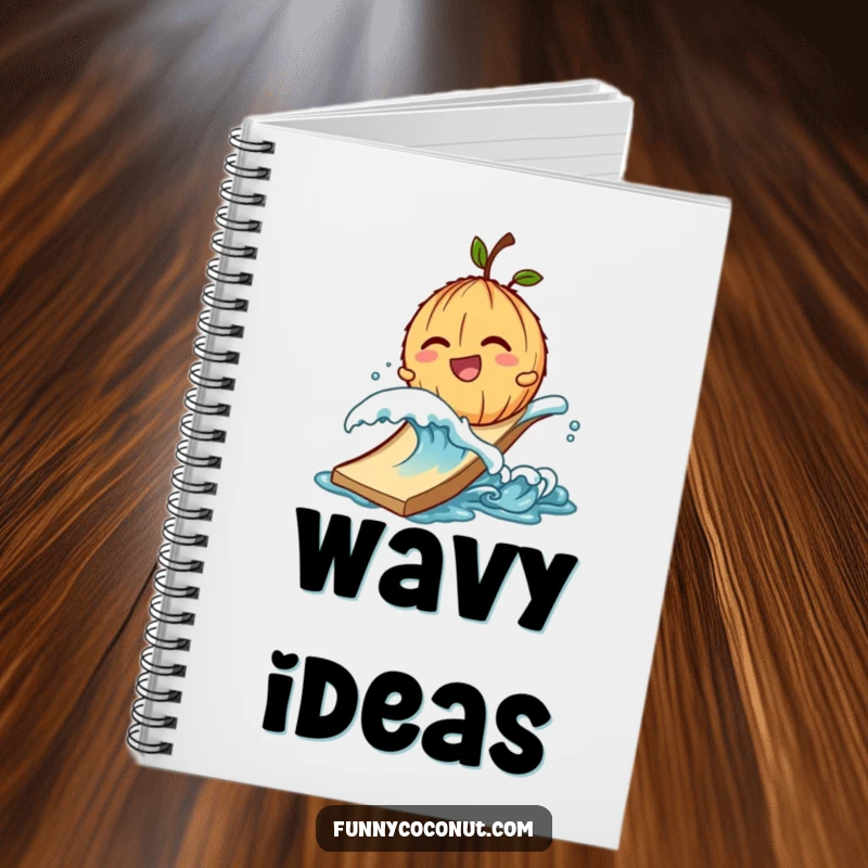 Funny notebook with a giggling coconut character being pushed down a slide by a small wave.