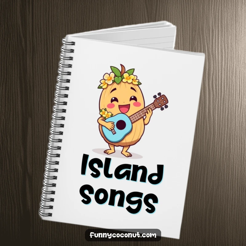 Funny notebook with a jovial coconut character wearing a lei and playing a ukulele.