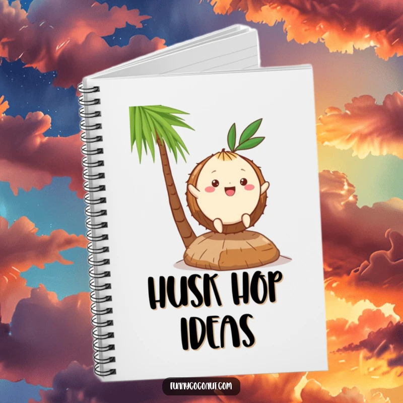 Funny Kawaii Coconut Notebook: a cute character performing a happy hop on a husk, ideal for jotting down ideas with tropical flair.