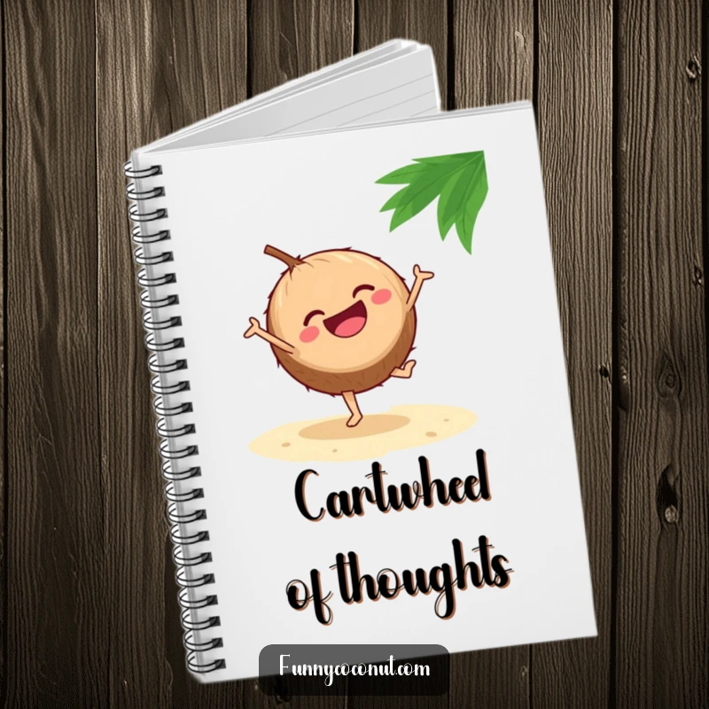 Funny notebook cover featuring a laughing coconut mid-cartwheel on a sandy beach, inspiring energetic and fun ideas.