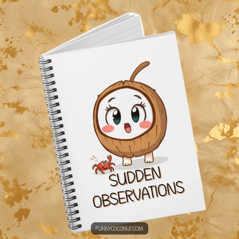 Funny coconut with comically wide eyes, watching a crab scuttle by, a humorous and practical notebook.