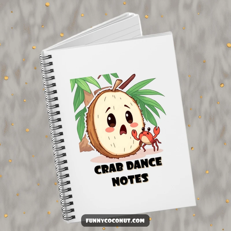 Funny notebook with a surprised coconut character watching a tiny crab dancing nearby, perfect for jotting ideas.