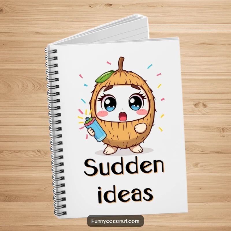Funny kawaii coconut with wide eyes holding a confetti popper, featured on a notebook for jotting down ideas.