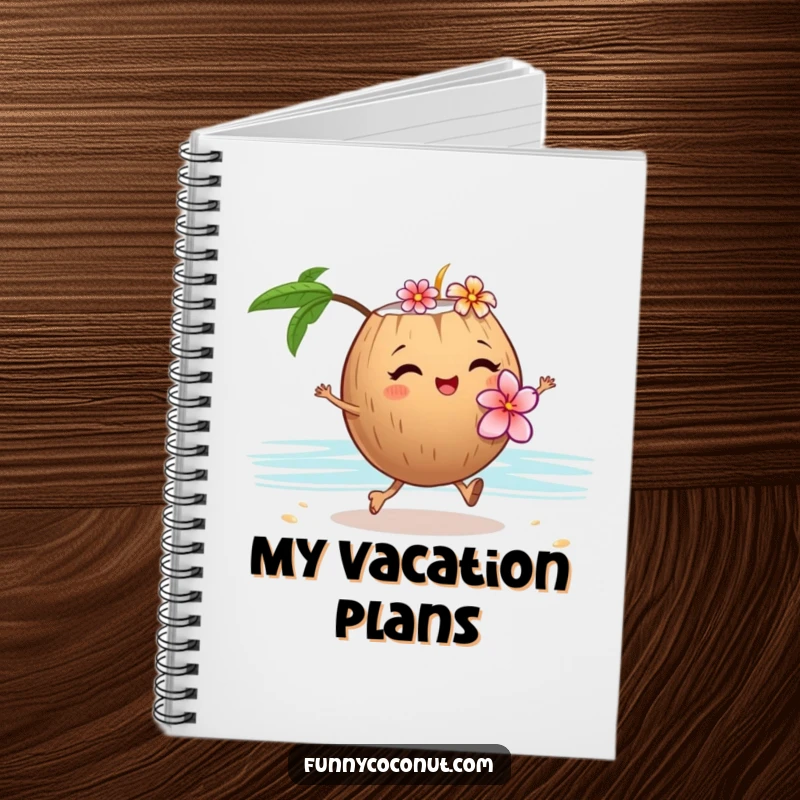 Funny notebook cover with a winking coconut wearing a flower lei, skipping on sand, perfect for tropical journaling.