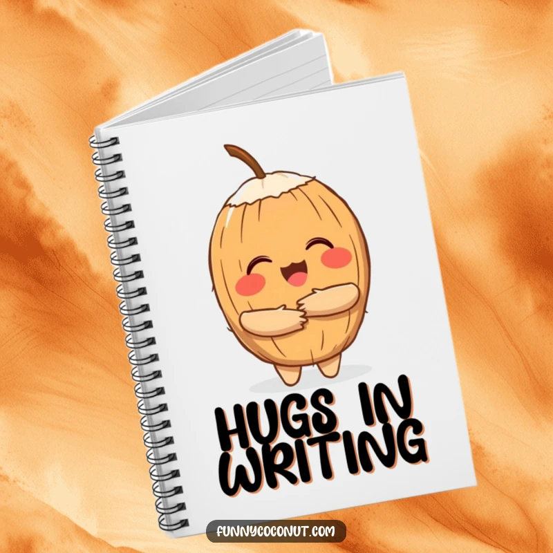 Funny notebook with a cheerful coconut character giving a hug on the cover, ideal for jotting down notes.