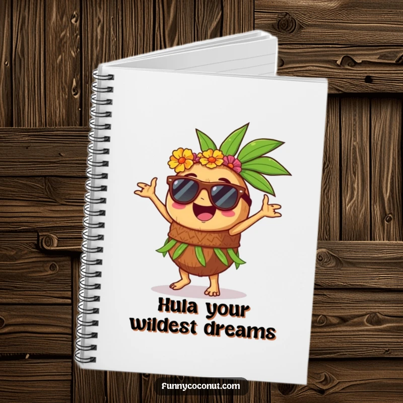 Funny notebook with a happy coconut in sunglasses, doing a lively hula dance, ideal for jotting down tropical ideas.