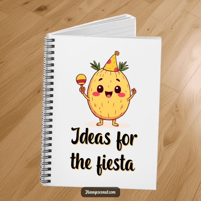 Funny Coconut Notebook: A cheerful coconut character in a party hat shaking maracas, ready to capture fun ideas and notes, perfect for creative spirits.
