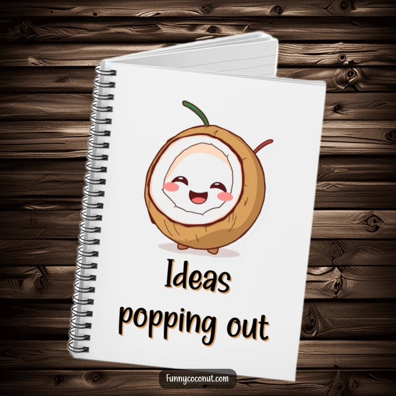 Funny notebook with a giggling coconut character splitting open on the cover, ideal for jotting down funny ideas.