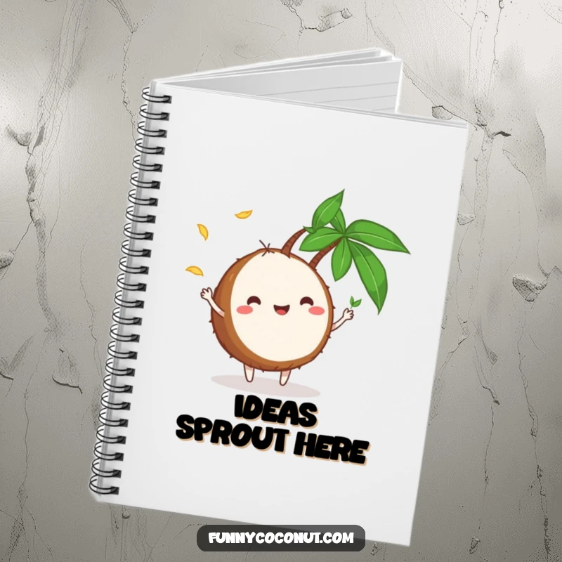 Funny Notebook: A playful coconut character juggling tiny palm leaves on the cover, perfect for jotting down funny notes and tropical inspirations.