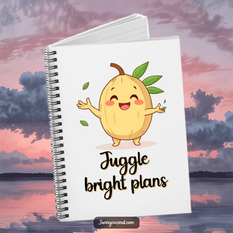 Funny Notebook with a happy coconut character with a gleeful grin, juggling tiny palm leaves, perfect for note-taking.