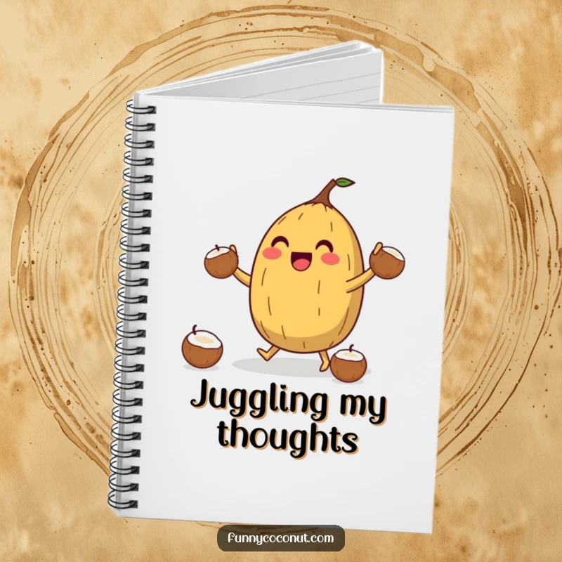 Funny Coconut Juggler Notebook: A jubilant coconut character juggles smaller coconuts, perfect for jotting down creative ideas and plans with flair.