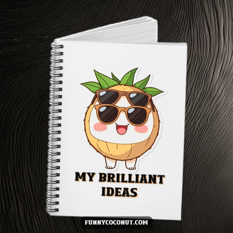 Funny coconut half notebook with sunglasses, presenting a cheerful tropical vibe, perfect for jotting down notes and inspirations.