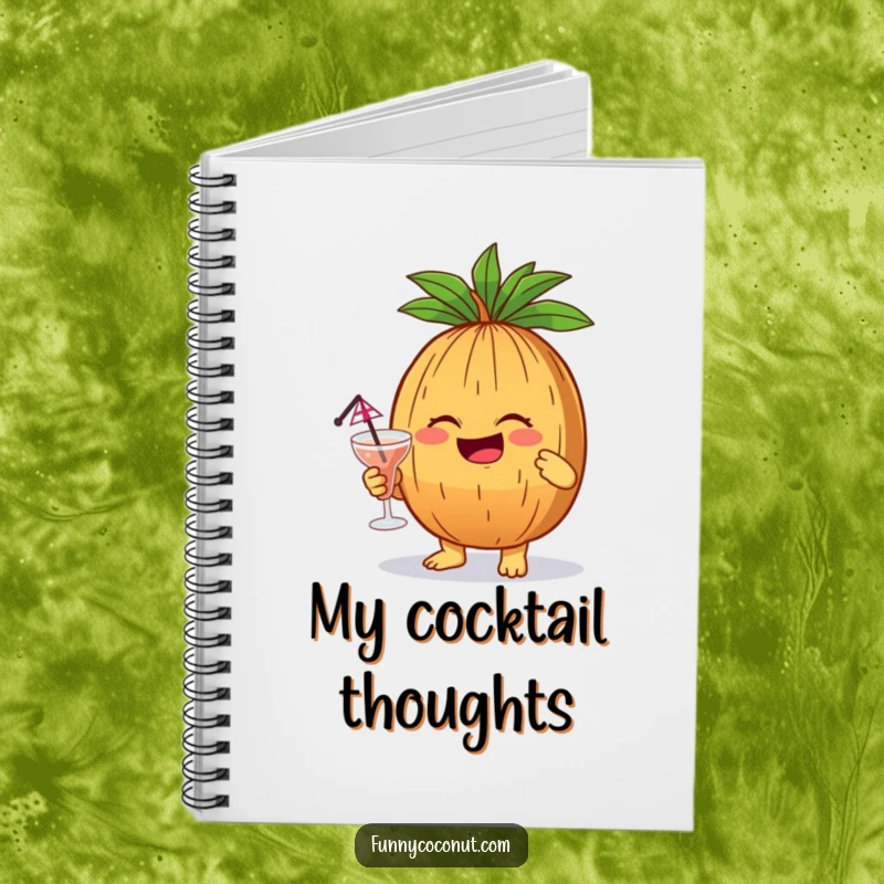 Funny giggling coconut character holding a cocktail with an umbrella, a humorous and inspiring notebook.