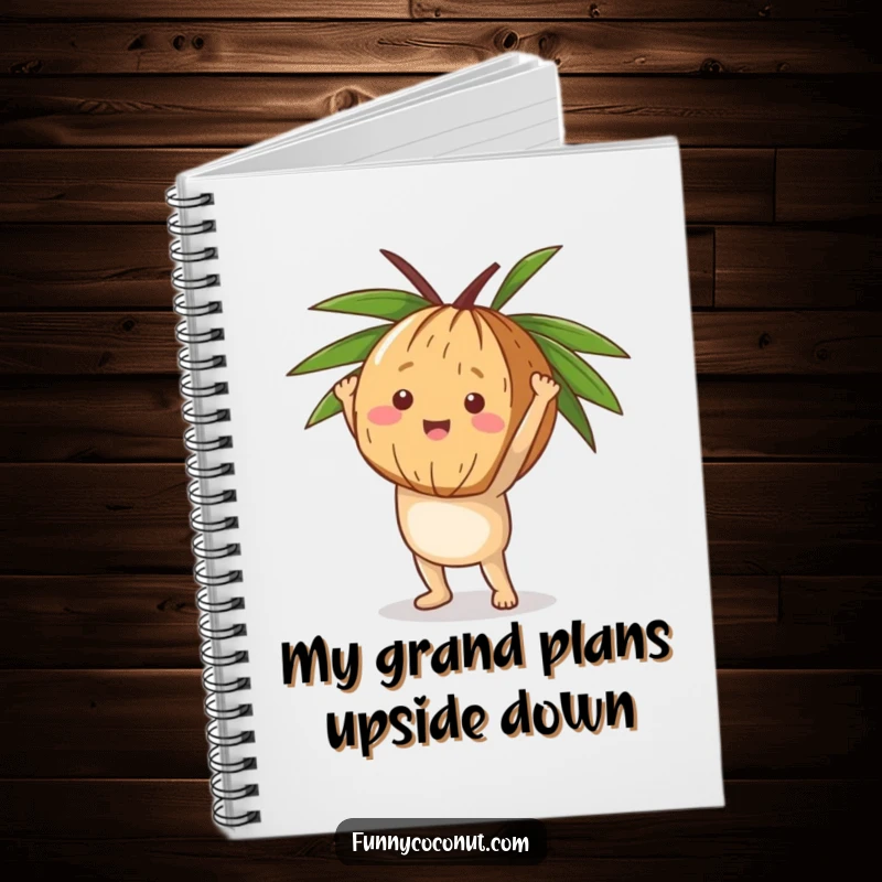 Funny Coconut Handstand Notebook, a happy coconut doing a handstand on its husk, ideal for fitness notes and inspiration.