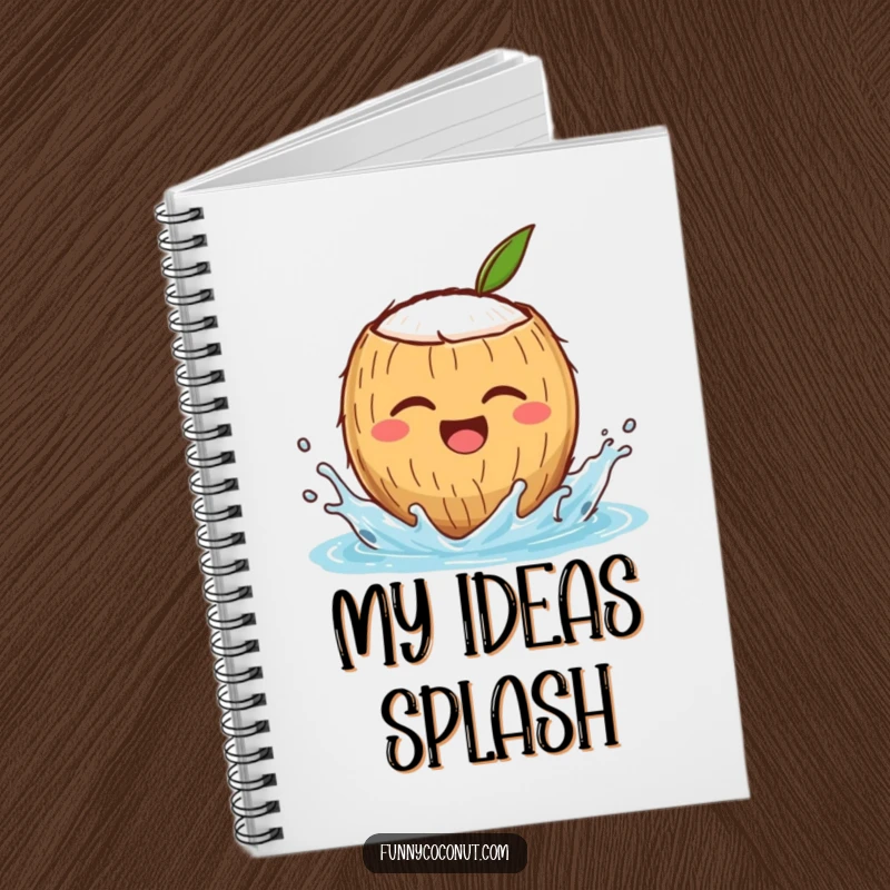Funny notebook with a winking coconut character splashing water, ideal for jotting ideas and as a humorous stationery gift.