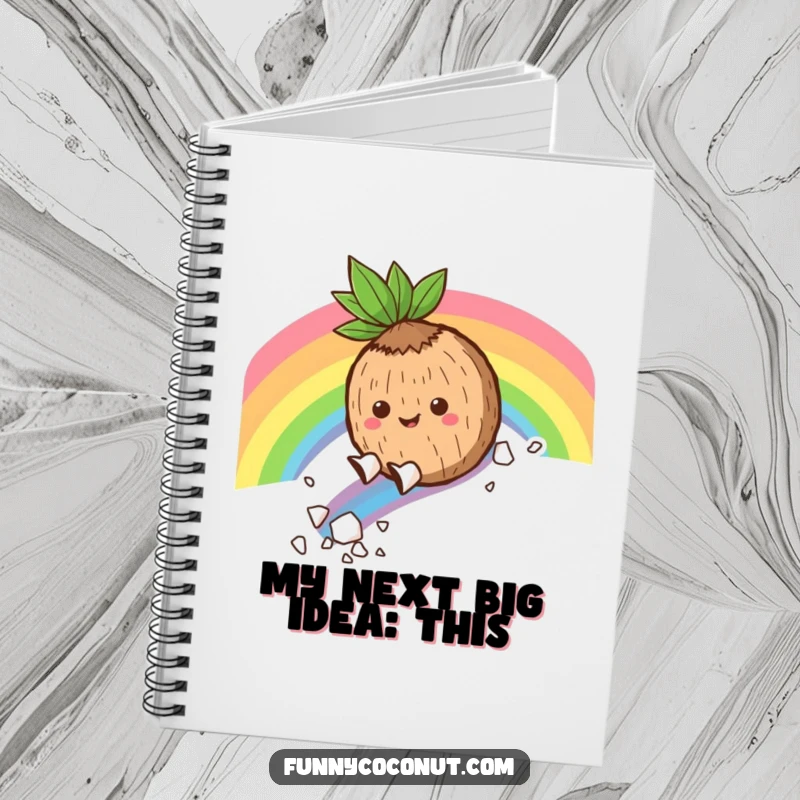 Funny Notebook: A cheerful coconut character slides down a vibrant rainbow, scattering flakes, inspiring notes and doodles with tropical fun.