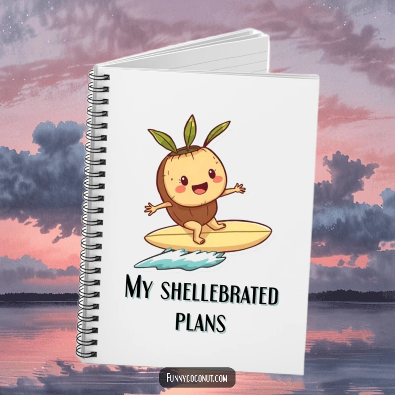 Funny notebook with a smiling coconut character riding a seashell surfboard, ideal for notes and doodles.