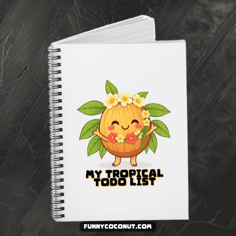 Funny Hula Coconut Notebook, a happy character in a lei, dancing the hula, perfect for jotting down notes with tropical flair.