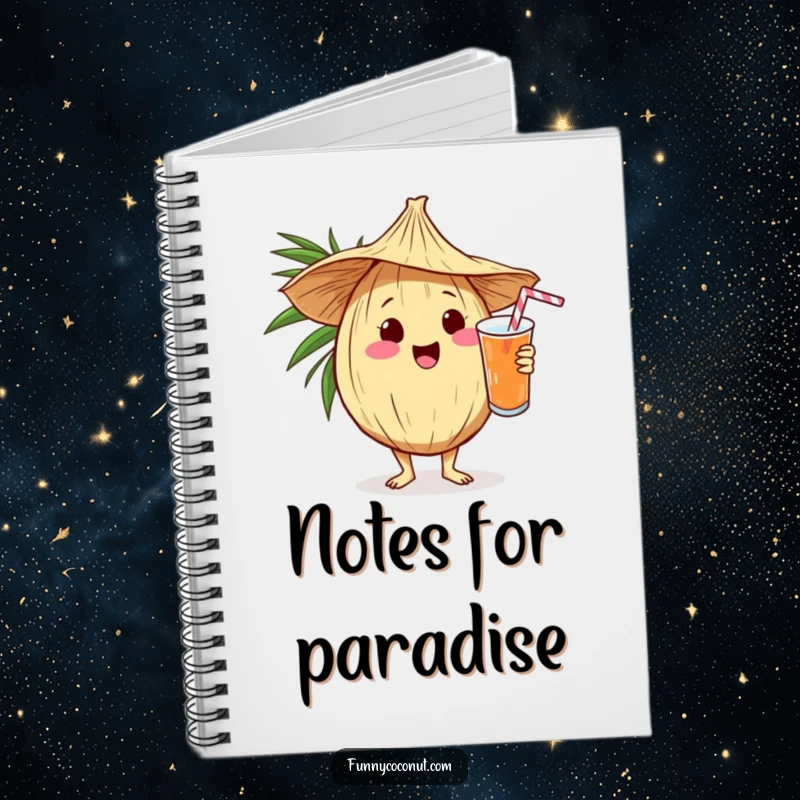 Funny kawaii coconut in a straw hat serving a drink on the cover of a notebook, great for capturing ideas.